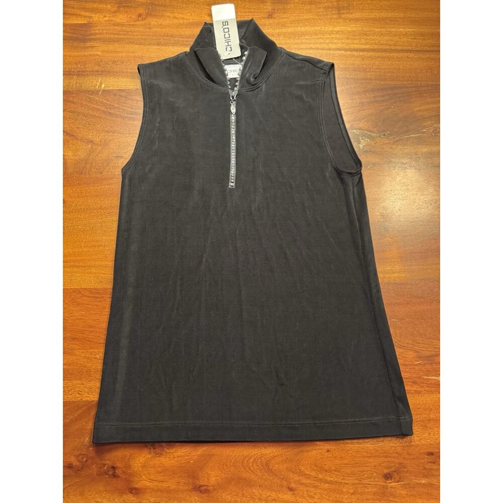 Chicos Womens Black Acetate Sleeveless Rhinestone Zipper Tank Shirt Sz S/4 - NEW